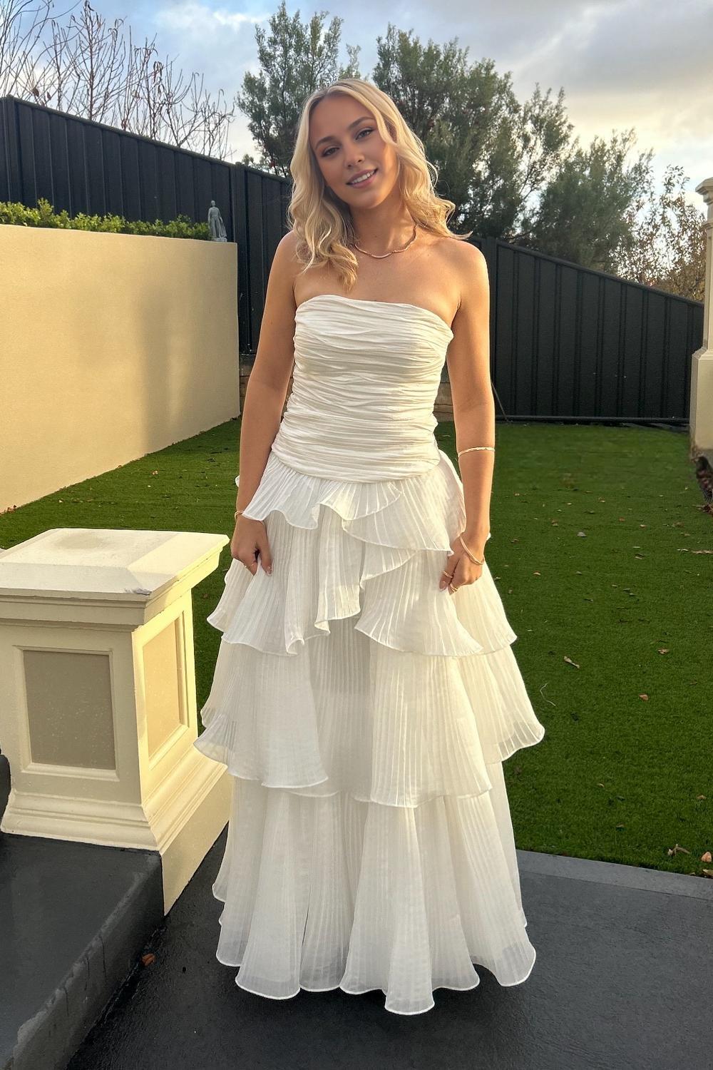 Robe Weitese trapèze bustier blanche froncée plissée à volants, robe de soirée à volants, robe de bal à plusieurs niveaux